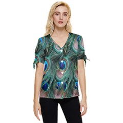 Peacock-feathers,blue2 Bow Sleeve Button Up Top by nateshop