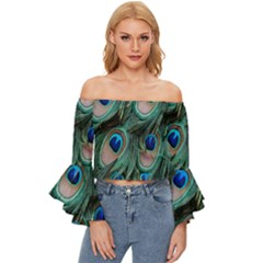 Peacock-feathers,blue2 Off Shoulder Flutter Bell Sleeve Top by nateshop