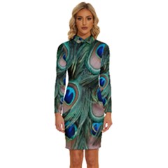 Peacock-feathers,blue2 Long Sleeve Shirt Collar Bodycon Dress by nateshop