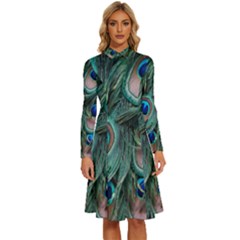 Peacock-feathers,blue2 Long Sleeve Shirt Collar A-line Dress by nateshop