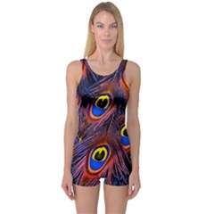 Peacock-feathers,blue,yellow One Piece Boyleg Swimsuit by nateshop