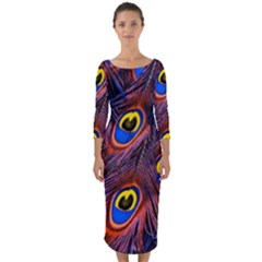 Peacock-feathers,blue,yellow Quarter Sleeve Midi Bodycon Dress