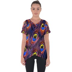 Peacock-feathers,blue,yellow Cut Out Side Drop T-shirt by nateshop