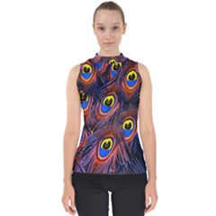 Peacock-feathers,blue,yellow Mock Neck Shell Top by nateshop