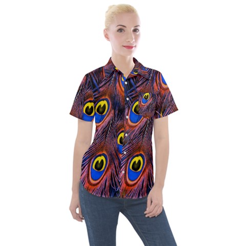 Peacock-feathers,blue,yellow Women s Short Sleeve Pocket Shirt by nateshop