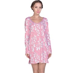 Pink Texture With White Flowers, Pink Floral Background Long Sleeve Nightdress by nateshop