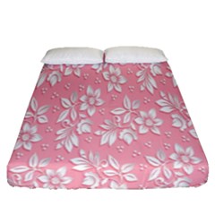 Pink Texture With White Flowers, Pink Floral Background Fitted Sheet (queen Size) by nateshop