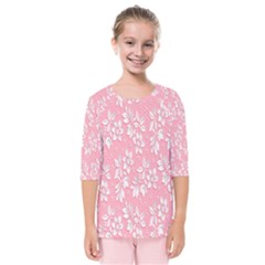 Pink Texture With White Flowers, Pink Floral Background Kids  Quarter Sleeve Raglan T-shirt