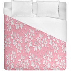 Pink Texture With White Flowers, Pink Floral Background Duvet Cover (king Size) by nateshop