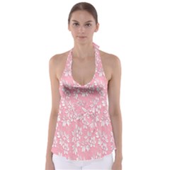 Pink Texture With White Flowers, Pink Floral Background Tie Back Tankini Top by nateshop