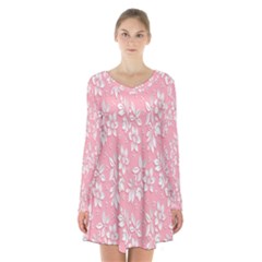 Pink Texture With White Flowers, Pink Floral Background Long Sleeve Velvet V-neck Dress by nateshop