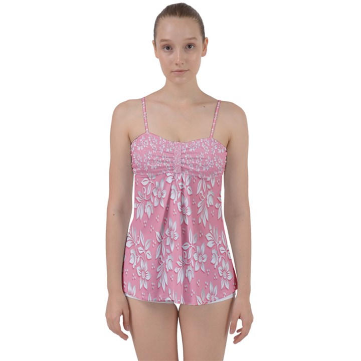 Pink Texture With White Flowers, Pink Floral Background Babydoll Tankini Top