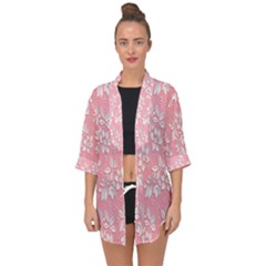 Pink Texture With White Flowers, Pink Floral Background Open Front Chiffon Kimono by nateshop