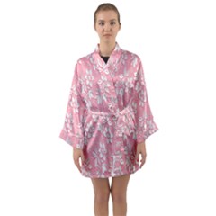 Pink Texture With White Flowers, Pink Floral Background Long Sleeve Satin Kimono by nateshop