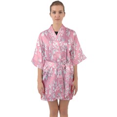 Pink Texture With White Flowers, Pink Floral Background Half Sleeve Satin Kimono 