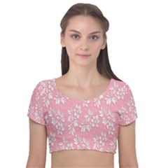 Pink Texture With White Flowers, Pink Floral Background Velvet Short Sleeve Crop Top  by nateshop