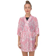 Pink Texture With White Flowers, Pink Floral Background Half Sleeve Chiffon Kimono by nateshop