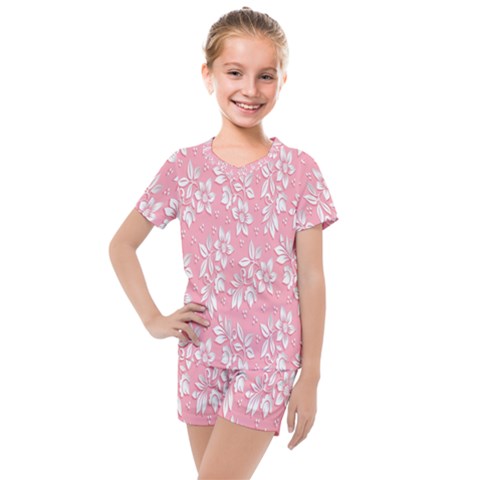 Pink Texture With White Flowers, Pink Floral Background Kids  Mesh T-shirt And Shorts Set by nateshop