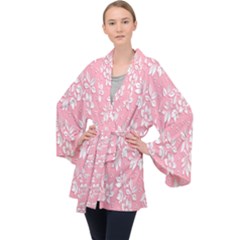 Pink Texture With White Flowers, Pink Floral Background Long Sleeve Velvet Kimono  by nateshop