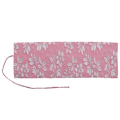 Pink Texture With White Flowers, Pink Floral Background Roll Up Canvas Pencil Holder (m) by nateshop
