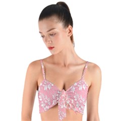 Pink Texture With White Flowers, Pink Floral Background Woven Tie Front Bralet