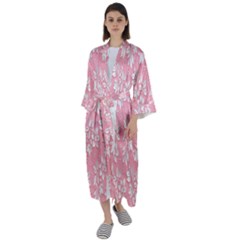 Pink Texture With White Flowers, Pink Floral Background Maxi Satin Kimono by nateshop