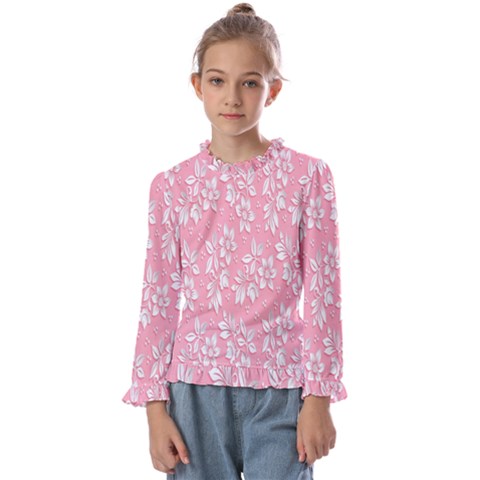 Pink Texture With White Flowers, Pink Floral Background Kids  Frill Detail T-shirt by nateshop
