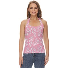 Pink Texture With White Flowers, Pink Floral Background Basic Halter Top