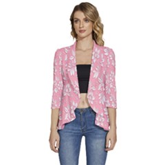 Pink Texture With White Flowers, Pink Floral Background Women s 3/4 Sleeve Ruffle Edge Open Front Jacket by nateshop