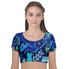 Really Cool Blue, Unique Blue Velvet Short Sleeve Crop Top  by nateshop