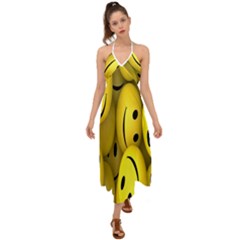 Emoji, Colour, Faces, Smile, Wallpaper Halter Tie Back Dress 