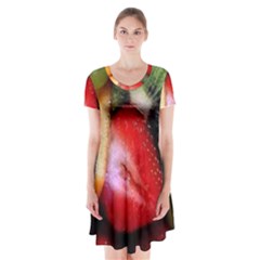 Fruits, Food, Green, Red, Strawberry, Yellow Short Sleeve V-neck Flare Dress by nateshop