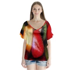 Fruits, Food, Green, Red, Strawberry, Yellow V-neck Flutter Sleeve Top by nateshop
