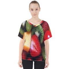 Fruits, Food, Green, Red, Strawberry, Yellow V-neck Dolman Drape Top by nateshop