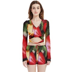 Fruits, Food, Green, Red, Strawberry, Yellow Velvet Wrap Crop Top And Shorts Set