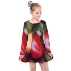 Fruits, Food, Green, Red, Strawberry, Yellow Kids  Long Sleeve Dress by nateshop