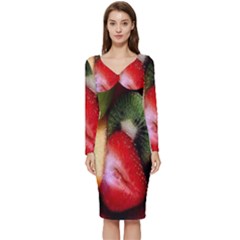 Fruits, Food, Green, Red, Strawberry, Yellow Long Sleeve V-neck Bodycon Dress  by nateshop