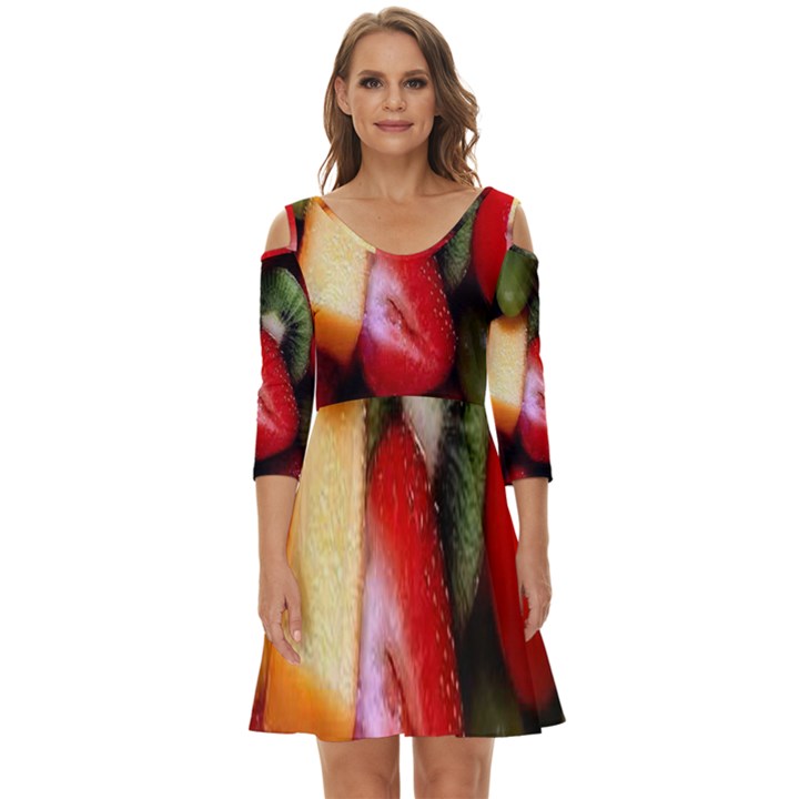 Fruits, Food, Green, Red, Strawberry, Yellow Shoulder Cut Out Zip Up Dress