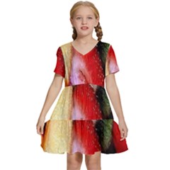 Fruits, Food, Green, Red, Strawberry, Yellow Kids  Short Sleeve Tiered Mini Dress