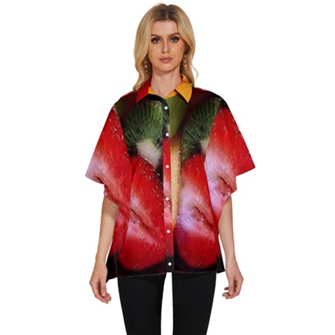 Fruits, Food, Green, Red, Strawberry, Yellow Women s Batwing Button Up Shirt by nateshop