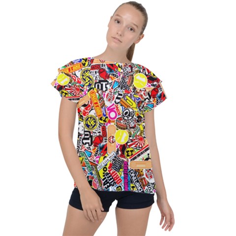 Sticker Bomb, Art, Cartoon, Dope Ruffle Collar Chiffon Blouse by nateshop