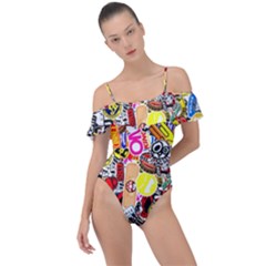 Sticker Bomb, Art, Cartoon, Dope Frill Detail One Piece Swimsuit by nateshop