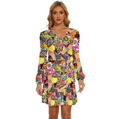 Sticker Bomb, Art, Cartoon, Dope Long Sleeve Waist Tie Ruffle Velvet Dress by nateshop