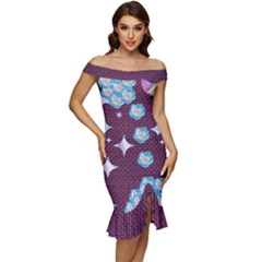 Purple  Colour Flowers Design Off Shoulder Ruffle Split Hem Bodycon Dress