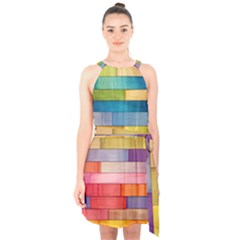 Rainbow Wood Halter Collar Waist Tie Chiffon Dress by zappwaits