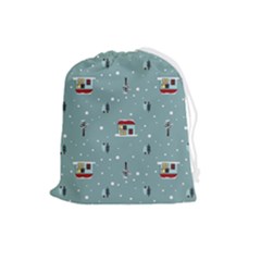 Seamless Pattern With Festive Christmas Houses Trees In Snow And Snowflakes Drawstring Pouch (Large)