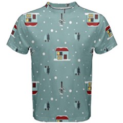 Seamless Pattern With Festive Christmas Houses Trees In Snow And Snowflakes Men s Cotton T-Shirt