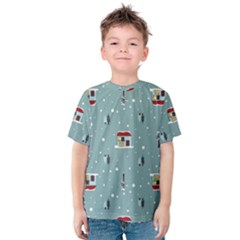 Seamless Pattern With Festive Christmas Houses Trees In Snow And Snowflakes Kids  Cotton T-Shirt