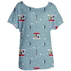 Seamless Pattern With Festive Christmas Houses Trees In Snow And Snowflakes Women s Oversized T-Shirt