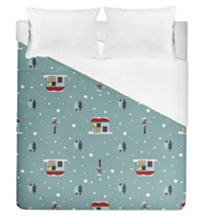 Seamless Pattern With Festive Christmas Houses Trees In Snow And Snowflakes Duvet Cover (Queen Size)